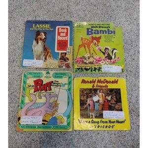 Vintage Childrens Vinyl Story Records Lot of 4 Lassie Bambi Ronald Mcdonald Puff